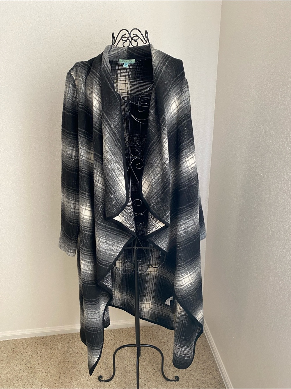 She + Sky Black & White Plaid Waterfall Open-Front Jacket
